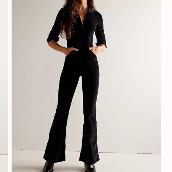 new FREE PEOPLE We The Free Cordovan Jayde Cord Flare Jumpsuit black - Picture 2 of 9